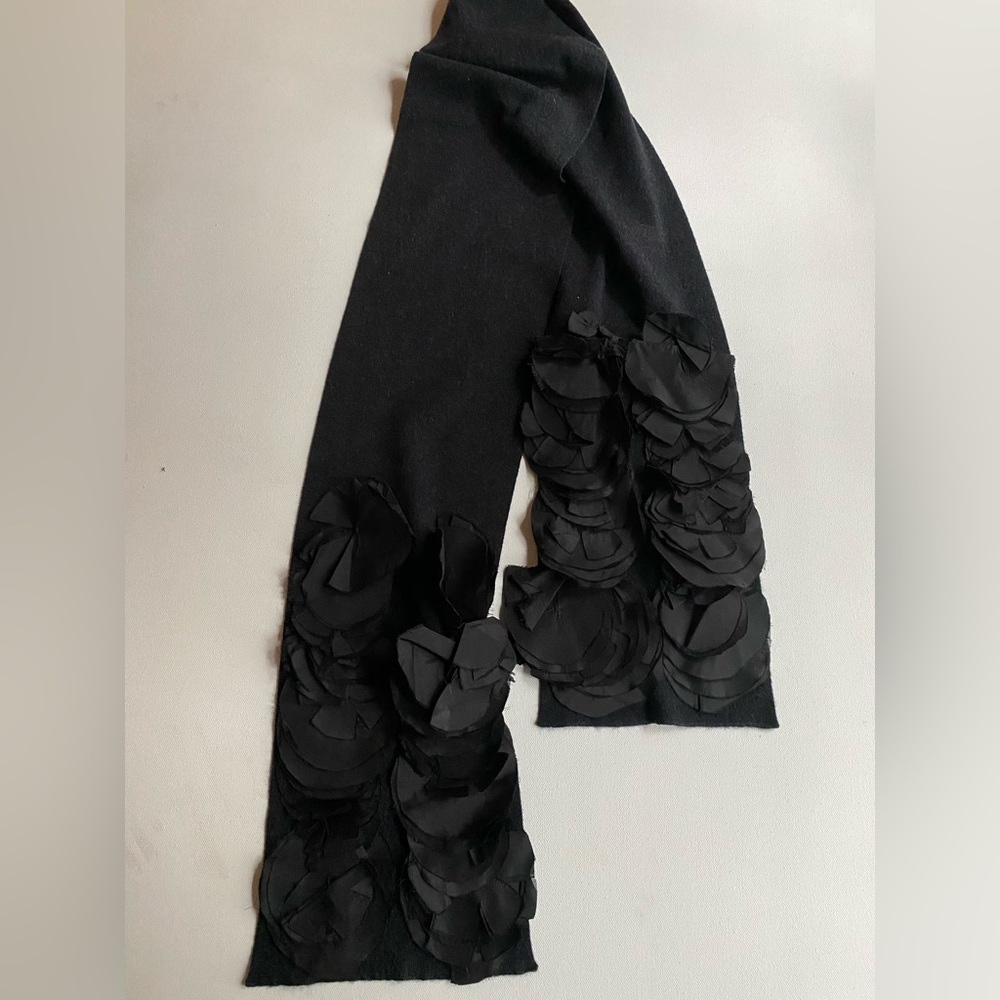 Black Merino Wool Scarf w/ Silk Floral Stitch Detail
